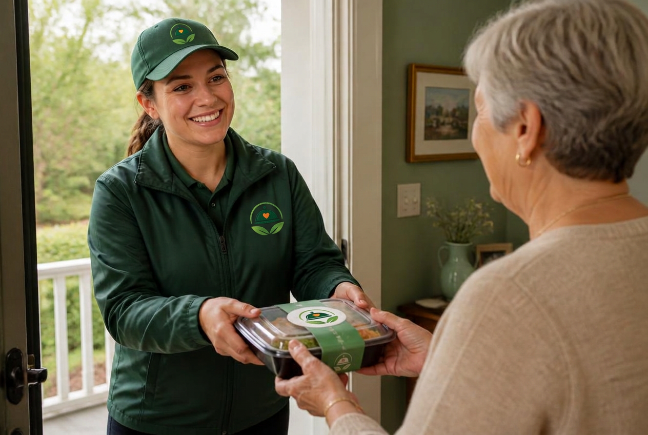A TriMeals delivery associate handing a fresh meal to a member at their front door